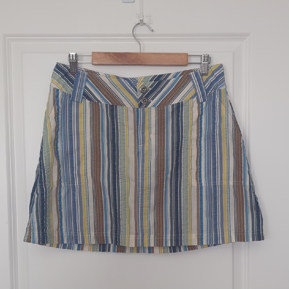 Patagonia Netty Skirt Striped Seersucker Blue Green Brown Pockets size 10 - Picture 10 of 10